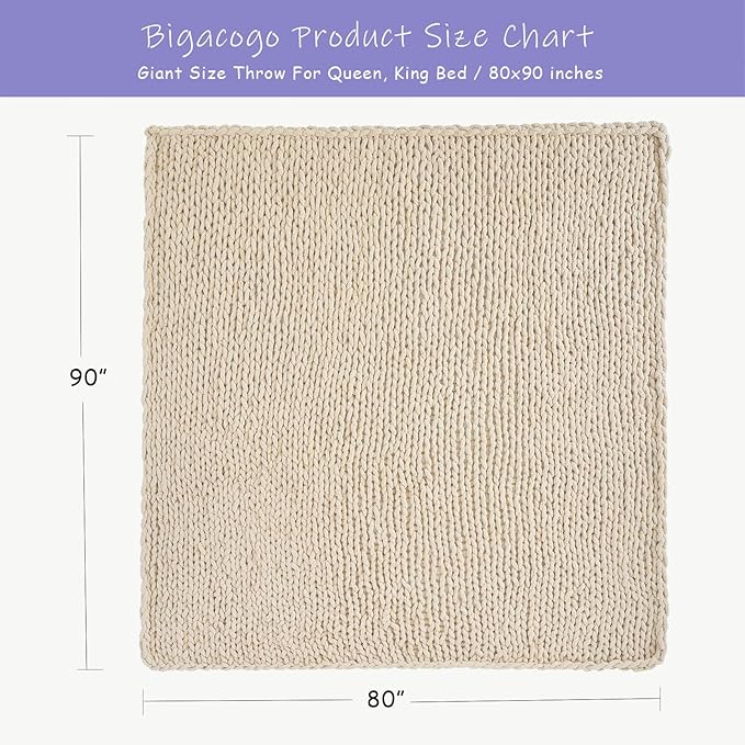 Bigacogo Chunky Knit Throw Blanket for Couch, 80x90 inches, 100% Hand Knitted with Thick Jumbo Chenille Yarn, Cozy Soft Large Rope Knot Cable Crochet Blankets for Sofa Bed Living Room, Beige