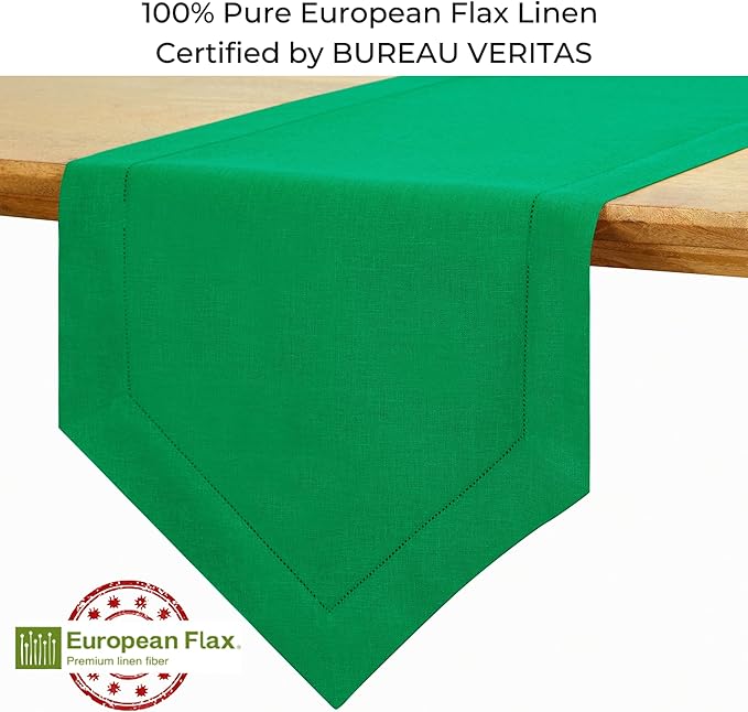 D'Moksha Homes Kelly Green Linen Table Runner 120 Inches Long - 100% Pure Linen Diamond Table Runner 14 x 120 Inch for Dining, Fall and Halloween - Machine Washable