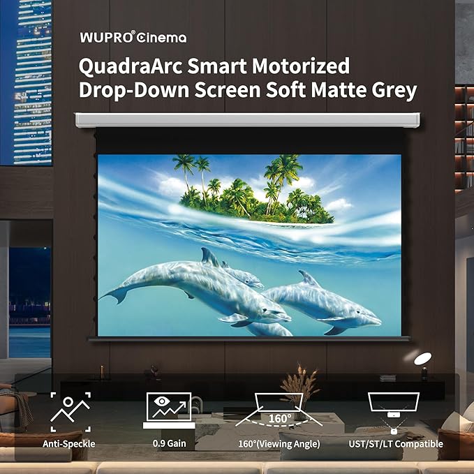 QuadraArc Motorized Drop Down Projector Screen 16:9 Gray Fabric, Wall & Ceiling Mount, Electric Pull Down Screen with Remote Control, Compatible with All Projectors 84"