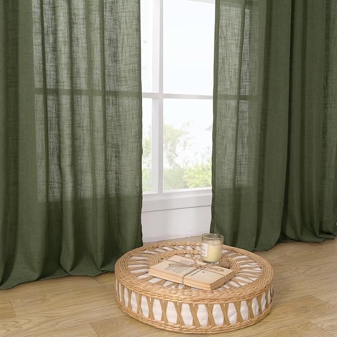 LAMIT Small Linen Curtains 30 Inch Length, Semi Sheer Short Window Curtains Light Filtering Christmas Panels with Bronze Grommet for Basement, Olive Green, 2 Panels, 34 x 30 Inch