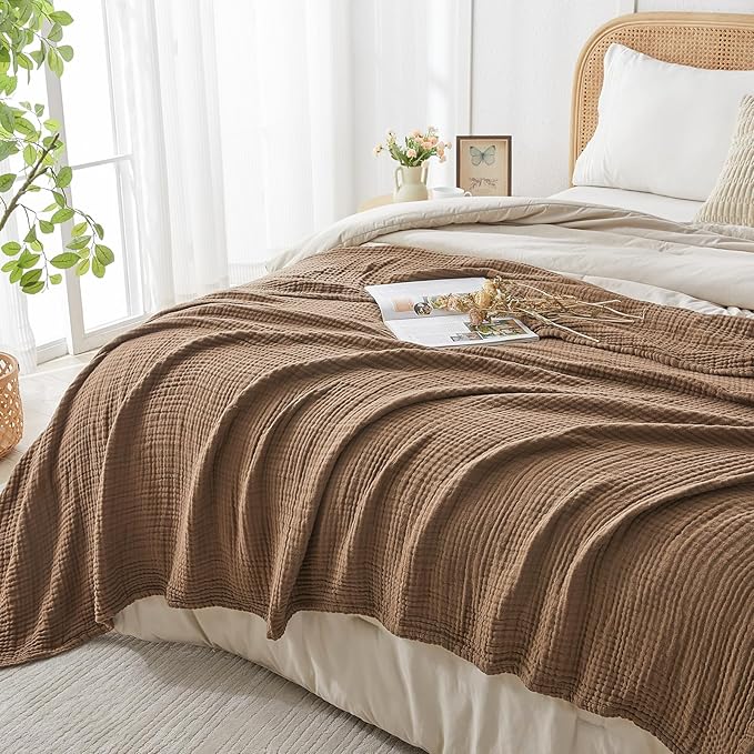 EMME Cotton Muslin Throw Blanket Couch Breathable Gauze Blanket Soft Lightweight Blankets Adults (Brown, 50"x60")
