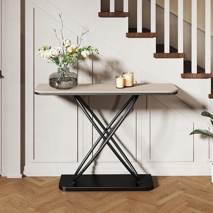 BECHAEO Farmhouse Narrow Console Table for for Living Room, 47.4" Rustic Narrow Entryway Table, Sofa Tables Behind Couch, Industrial Wooden Accent Tables for Hallway Foyer Warm Gray
