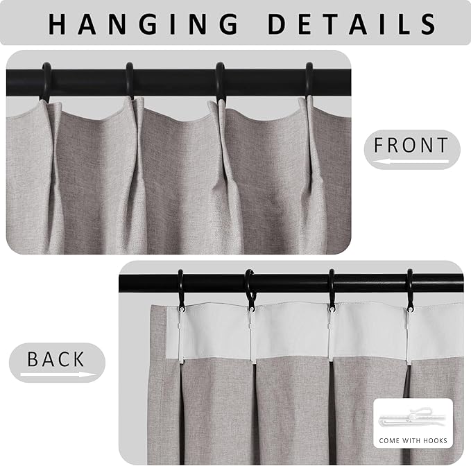 Macochico Pinch Pleated Blackout Linen Curtains 96 Inches Long 100% Light Blocking Burlap Curtains for Bedroom Living Room Thermal Window Panels with Tieback 72”Wx96”L Browish Grey 1 Panel