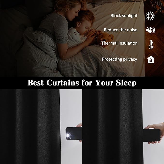 RAIN CITY Black Blackout Curtains Back Tab 2 Panels 70x90