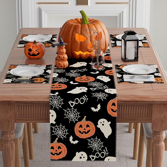 XCHI Boo Spooky Ghost Pumpkin Halloween Table Runner Burlap Table Decoration for Home Kitchen Dining Dinner Indoor Holiday Farmhouse Decor 13x90 Inch