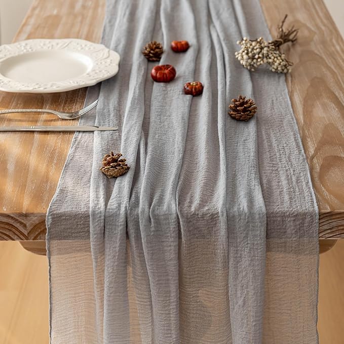 3pcs Dusty Blue Gauze Rustic Cheesecloth Table Runner 120 Inch 10 FT for Wedding Baby Shower Bridal Shower Birthday Engagement Garden Outdoor Party Long Sheer Boho Decorations