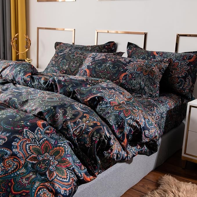 ABREEZE Luxury Vintage Black Duvet Cover Sets Damask Paisley Bedding Set Retro 100% Brushed Cotton Zipper Closure Bedding Collection Queen Size