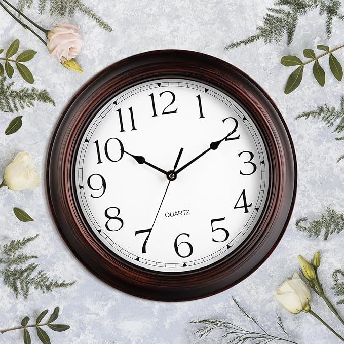 Wall Clock 10 Inch Battery Operated Silent Non-Ticking Wall Clock Vintage Retro Rustic Style Decorative for Bedroom Living Room Kitchen Home Office (Bronze)
