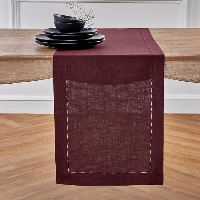 Solino Home Linen Burgundy Table Runner 108 Inches Long - 100% Pure Linen 14 x 108 Inch Table Runner for Fall, Autumn, Thanksgiving - Classic Hemstitch