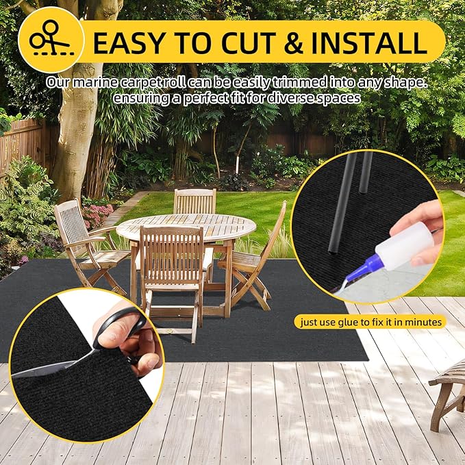 Marine Carpet, 5 FT x 15 FT Black Indoor/Outdoor Rug 0.2" Thick TPE Backed Non-Slip Boat Carpet Roll for Home, Patio, Porch, Deck
