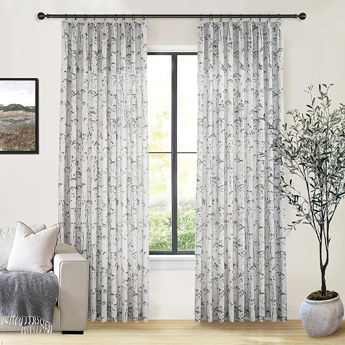 Pinch Pleated Floral Linen Curtains 2 Panels Elegant Light Filtering Privacy Drape,72 Inch Wide by 102 Inch Long Curtains Suitable for Living Rooms and Bedrooms