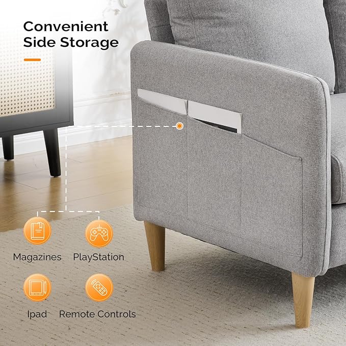 VINGLI 47" Small Couch, Linen Loveseat Sofa Light Grey Mini Couch Mid Century Modern Decor Love Seat for Small Spaces Living Room, Bedroom, Play Room