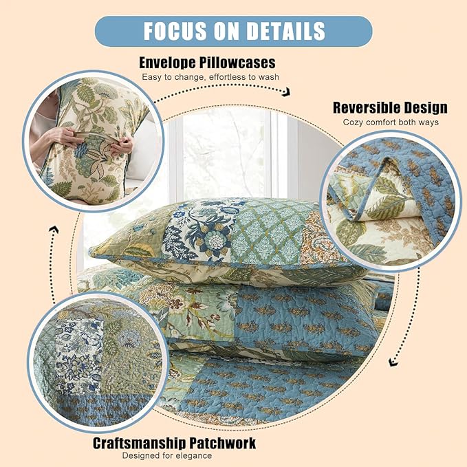 NEWLAKE Quilt Set King Size, 100% Cotton Patchwork Green Bohemian Quilt Sets, Reversible Bedspread Lightweight and Breathable for All Seasons, Soft Quilted Bedspread with 2 Pillow Shams