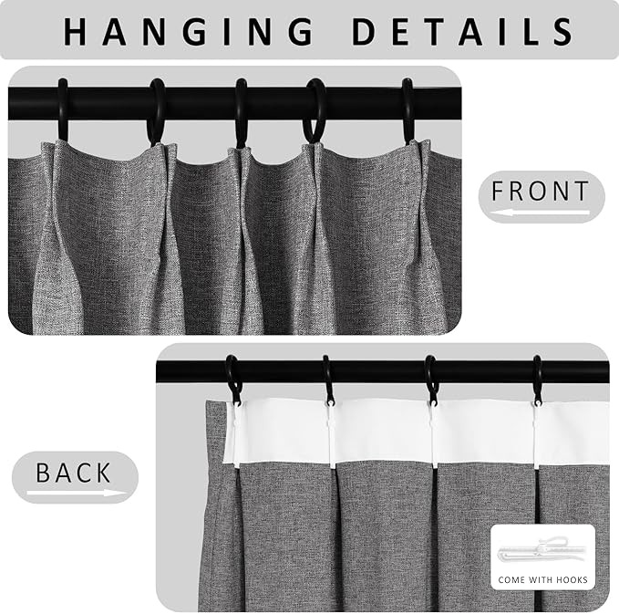 Macochico 100% Blackout Pinch Pleated Linen Curtains 84 Inch Length Thermal Blackout Curtains for Bedroom Living Room Nursery Gray Farmhouse Burlap Curtains with Tieback 52”Wx84”L 1 Panel