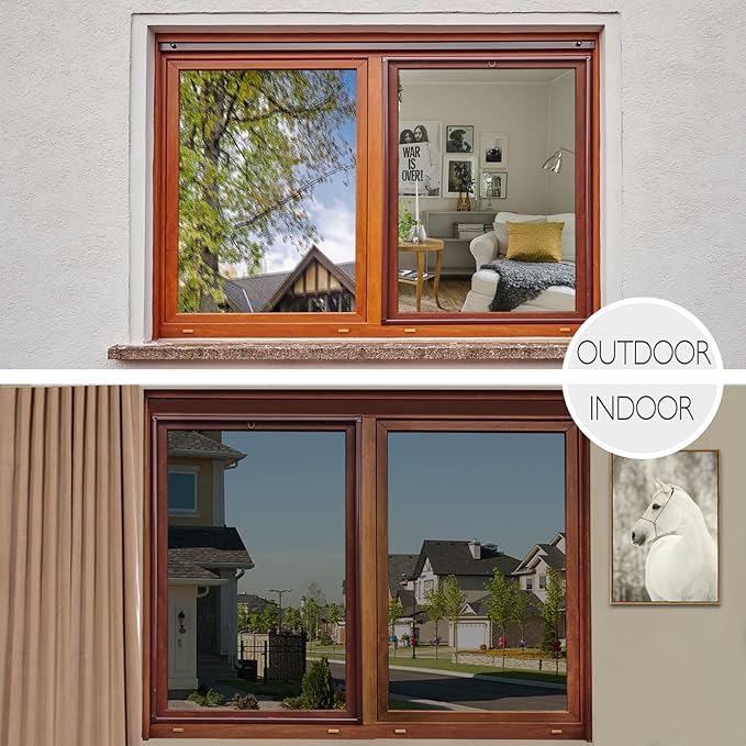 HIDBEA One Way Privacy Window Film, Daytime Mirror Reflective Heat Control UV Sun Blocking Non-Adhesive Static Cling Window Tint for Home and Office (Black-Silver, 23.6 Inch x 13.1 Feet)