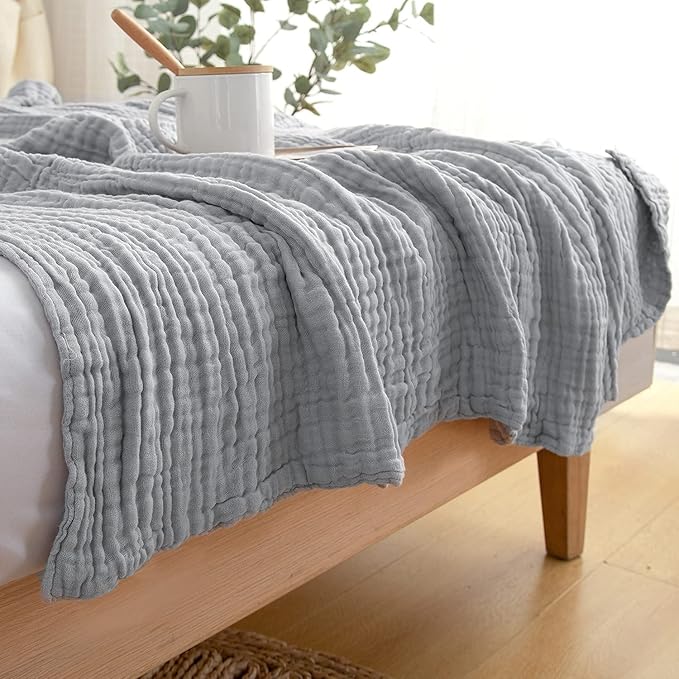 EMME Cooling Throw Blanket for Hot Flashes Muslin Throw Blanket 100% Cotton Throws Gauze All Season Soft Lightweight Breathable (Light Grey, 60"x80")