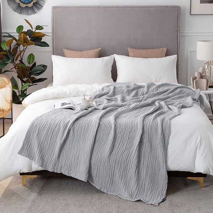 EMME Cooling Throw Blanket for Hot Flashes Muslin Throw Blanket 100% Cotton Throws Gauze All Season Soft Lightweight Breathable (Light Grey, 60"x80")