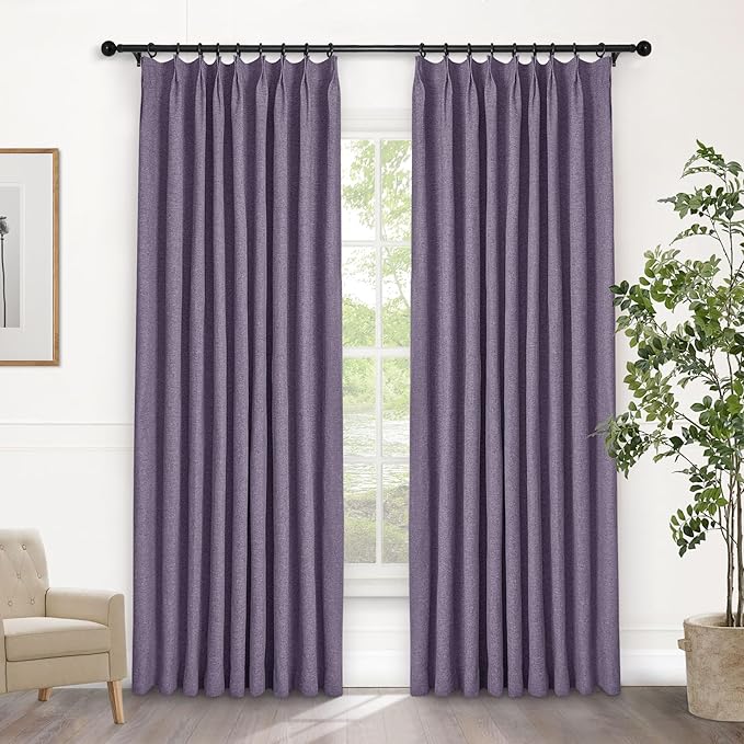 Macochico Violet 100% Blackout Linen Curtains 96 Inches Long Pinch Pleated Curtains for Bedroom Living Room Nursery Farmhouse Insulated Sound Reducing Drapery with Tieback 84”Wx96”L 1 Panel