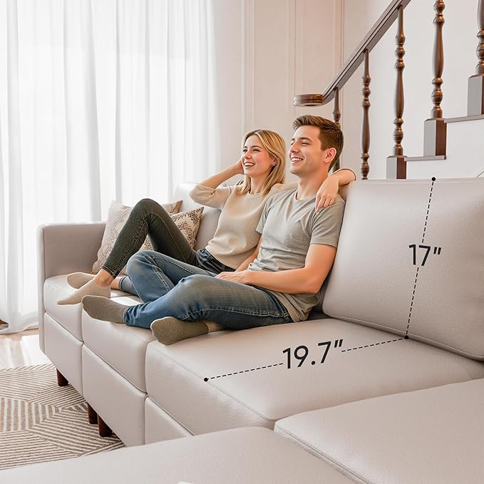 118.5" Faux Leather Modular Sectional Sofa, L Shaped Couch Set for Living Room, 6-Seater Comfy Cloud Couches with Movable Storage Ottoman Whitesand