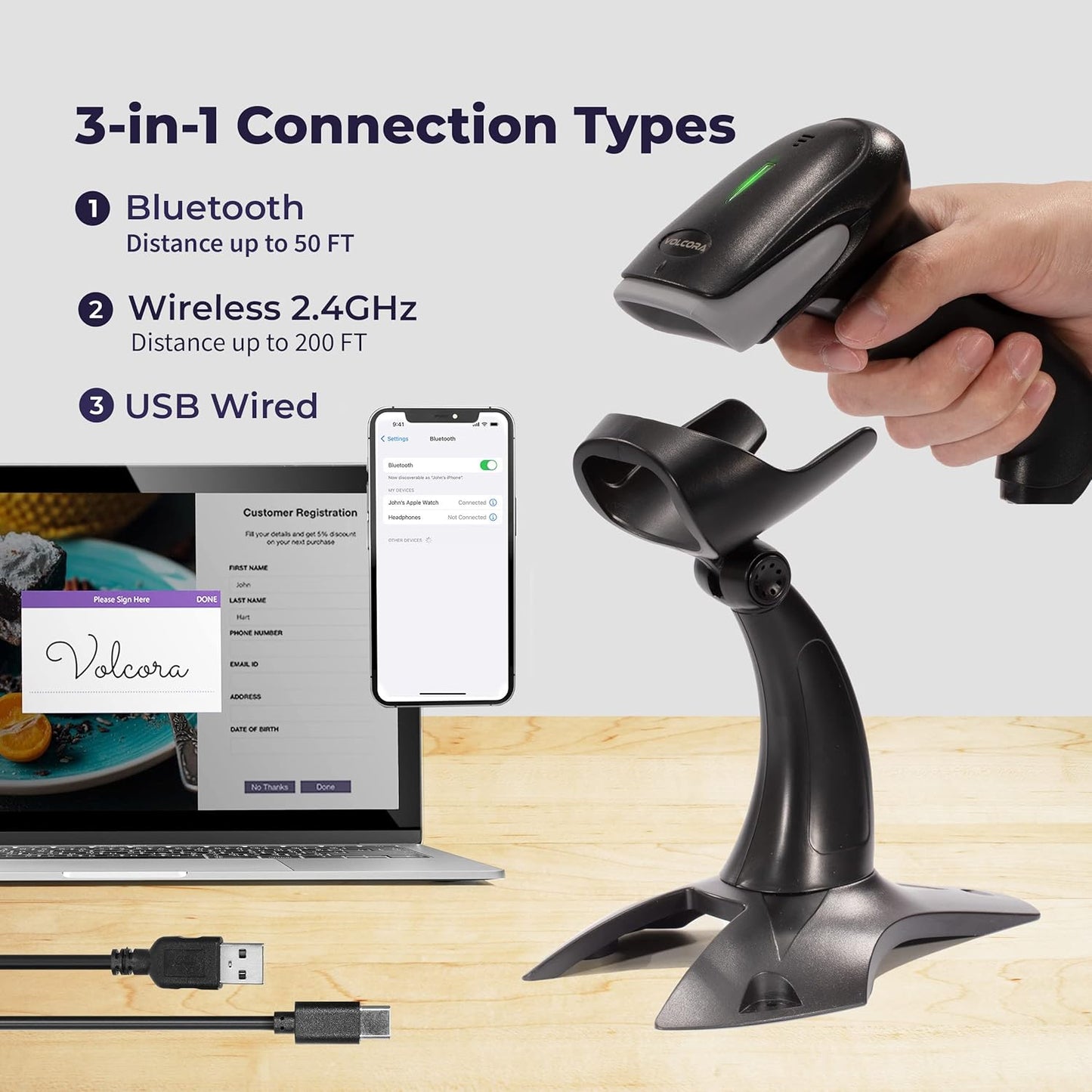 Volcora Wireless Bluetooth Barcode Scanner, QR Code, USB Portable Handheld w/Stand Connect w/Tablet/Phone/PC, 1D & 2D Inventory, Symbol Barcode Scanner for Retail & Warehouse, Black