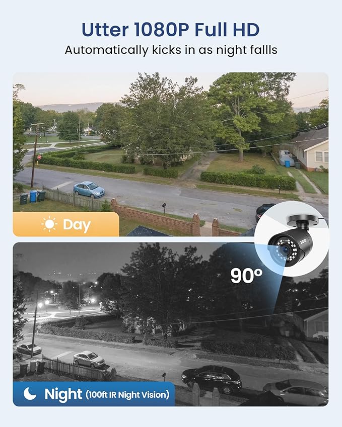 ZOSI 3K Lite Home Surveillance Security Camera System with AI Human Vehicle Detection, 8CH H.265+ CCTV DVR and 8 x 2MP 1920TVL Wired Weatherproof Bullet Cameras Outdoor, 100ft Night Vision (1TB HDD)