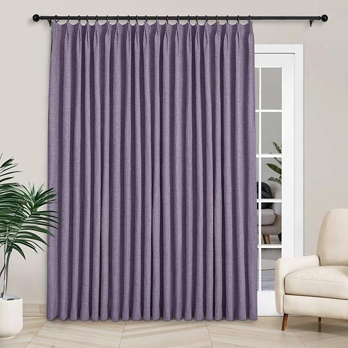 Macochico 100”Wx102”L 100% Blackout Pinch Pleated Linen Curtains for Sliding Door Bedroom Living Room Farmhouse Thermal Insulated Violet Burlap Drapes with Tieback 1 Panel Shabby Chic Style