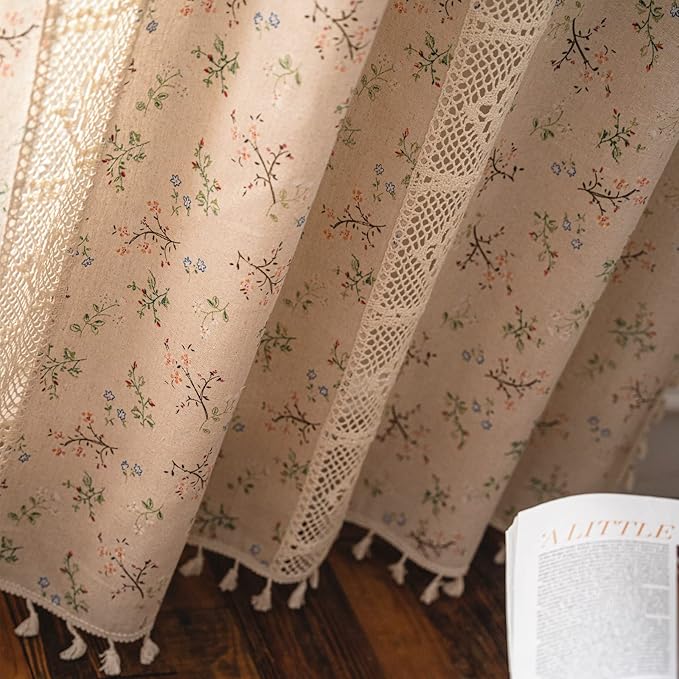 Sutuo Home Boho Curtain Semi-Blackout Crochet Hollow Lace Patchwork with Floral Print Cotton Linen Fabric, Handmade Tassels Rod Pocket Bohemian Window Drapes for Living Bedroom, 59"W x 63"L, 1 Panel