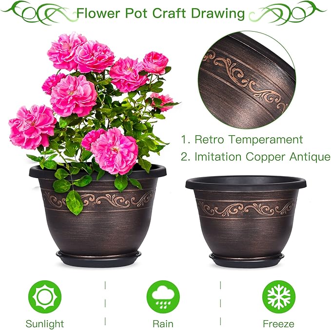 Plastic-Plant-Flower-Planters-10 Inch with Drainage Hole & Saucer, 3 Packs Lightweight Small Resin Flower Pot Indoor Outdoor, Retro Antique Imitation Decorative Garden Containers Sets for Houseplants