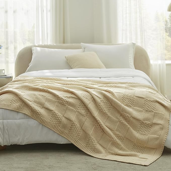 Amélie Home Chenille Knit Throw Blanket for Couch, Checkered Texture Decorative Soft Blanket for Sofa, Bed & Living Room, 50"x60", Beige