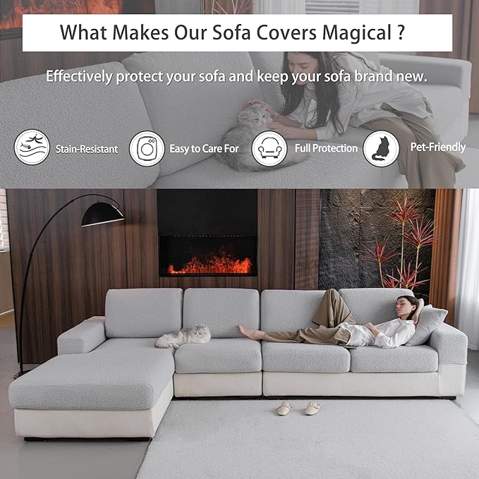 Couch Cushion Covers for Sectional Sofa, Stretch Soft Sofa Slipcovers Washable Wear-Resistant Universal Furniture Protector for Living Room(1 Piece Oversized Cover, Light Gray)