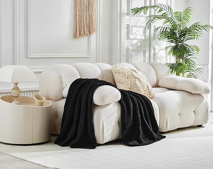 Longhui bedding Chunky Cotton Knit Throw Blanket for Couch, Sofa, Bed, or Chair, Decorative Breathable Fall Cable Knit Blanket 51 x 63 Inches, Medium Weight Black