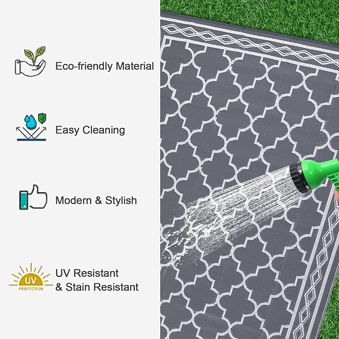 GAOMON Outdoor Rug for Patio 5'x8' Reversible Plastic Rugs Camping Mat for Outdoor, RV, Backyard, Deck, Balcony, Picnic, Beach, Grey/White(Geometric)