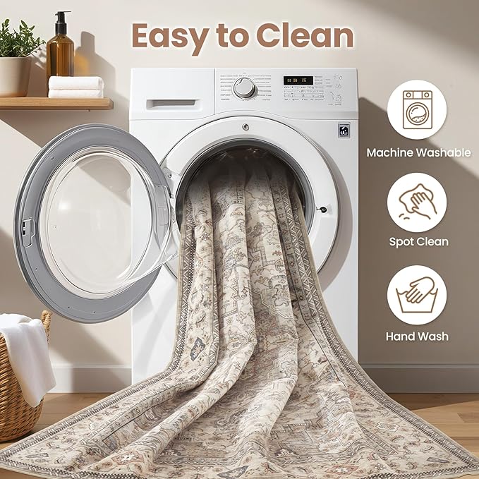 Washable Area Rugs for Living Room - 9x12 Neutral Vintage Distressed Floral Farmhouse Boho Large Soft Floor Rug Indoor Non Slip Carpet for Bedroom Dining Room Office - Brown/Multi