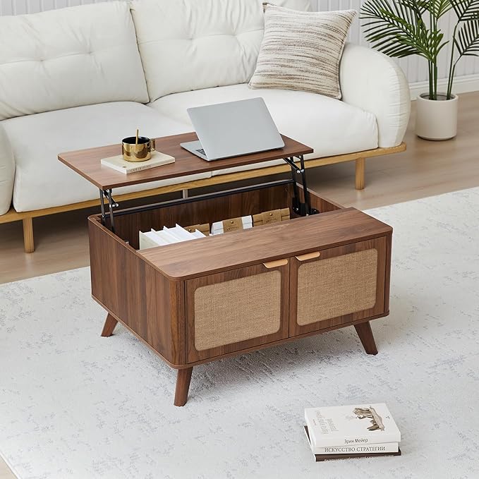 AVZEAR Lift Top Coffee Table with Storage, Mid Century Modern Coffee Table with Nature Linen Doors & Large Hidden Storage, Rounded Corners Center Table Farmhouse Coffee Tables for Living Room, Walnut