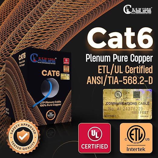 NewYork Cables | CAT6 Plenum Cable 1000ft UL/ETL Listed, 100% Pure Copper, UTP, 550MHz, 23AWG, 4Pair 10GB Ethernet Cable | Certified CMP-Rated Fire-Resistant (1000ft, Pure Copper UL Listed, Blue)