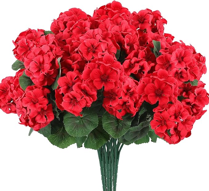 Hananona 12 Bundles Artificial Geranium Flowers for Outdoors Silk Geranium Flowers Outdoor UV Resistant Garden Plants Faux Flower for Home Kitchen Table Centerpieces Decor (12, Red)