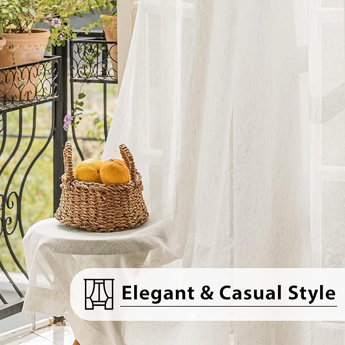 FMFUNCTEX Linen Sheer Curtains for Living Room, Beige Curtains 96 inches Long for Bedroom, Natural Flax Blend Window Draperies for Farmhouse Curtain, Rod Pocket 2 Panels