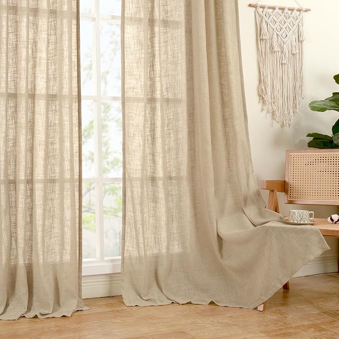 LAMIT Brown Linen Sheer Curtains 95 inch for Living Room 2 Panels, Soft Thick Light Filtering Boho Window Textured Burlap Drapes with Bronze Grommet for Bedroom Farmhouse, 52 x 95 Inch