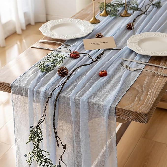 3pcs Light Blue Gauze Rustic Cheesecloth Table Runner 120 Inch 10 FT for Wedding Baby Shower Bridal Shower Birthday Engagement Garden Outdoor Party Long Sheer Boho Decorations