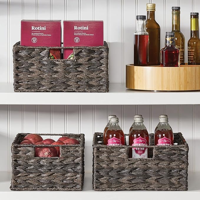 mDesign Woven Farmhouse Kitchen Pantry Food Storage Organizer Basket Bin Box, Container Organization for Cabinets, Cupboards, Shelves, Counter - Store Potatoes, Onions, Fruit, 3 Pack, Espresso Brown