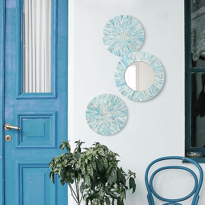 Beach Mirror Wall Decor for Living Room, 3PCS Natural Mother of Pearl Coastal Wall Art Bedroom Bathroom Decoration, Handmade Ocean Round Wall Hanging Sculptures for Home Office Holiday Hotel