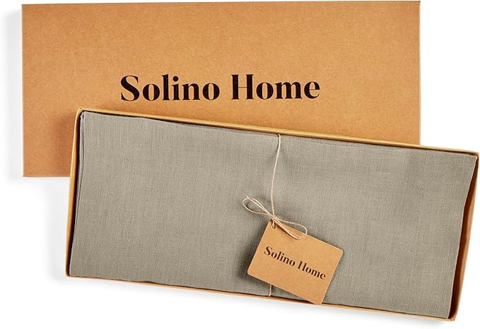 Solino Home Linen Table Runner 60 Inches - 100% Pure Linen Vintage Khaki Table Runner 14 x 60 Inch Ideal for Dresser and Coffee Tables - Fall, Autumn, Thanksgiving - Fete
