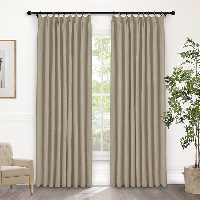 Macochico Pinch Pleated 100% Blackout Curtains Light Khaki Linen Curtains for Bedroom Living Room Farmhouse Thermal Insulated Window Panels Pleated Curtains with Hooks and Tieback 52”Wx72”L 1 Panel