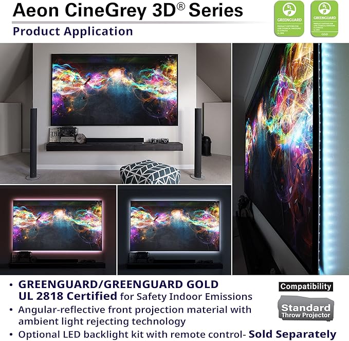Elite Screens 110 inch CLR/ALR Projector Screen 16:9 4K, Standard Throw Projection, Edge Free Ambient Light Rejecting Fixed Frame Grey for Indoor Movie Screen Home Theater - Aeon CineGrey 3D AR110DHD3