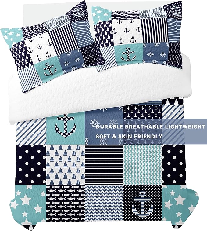 Nautical Bedding Queen Size Coastal Quilt with 2 Shams, Coastal Beach Comforter Sets Ocean Bedspreads Coverlet Summer Bedding, 90''x96''