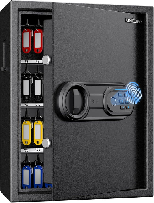 Uniclife 71 Position Key Box, Wall Mount Key Lock Box with Code and Key Lock, Fingerprint Key Cabinet with Anti-Theft Key Drop Slot & Keypad, Keys Safe for Office Hotel & Company