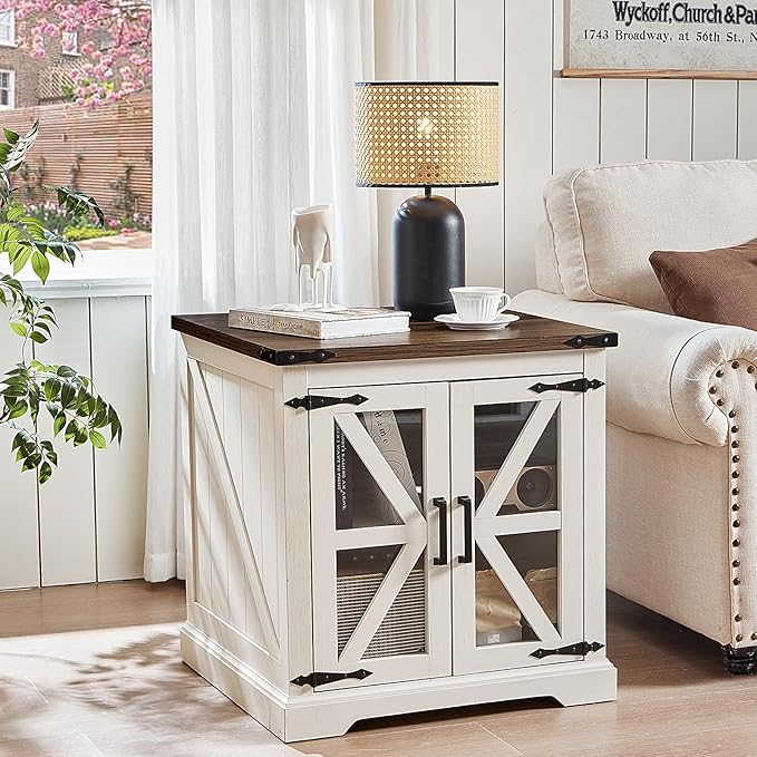 24" End Table Set of 2 with Charging Station, Farmhouse Night Stand with Glass Barn Door, Nightstands with Adjustable Storage Shelf, Large Wood Square Bed Side Table for Living Room,Bedroom