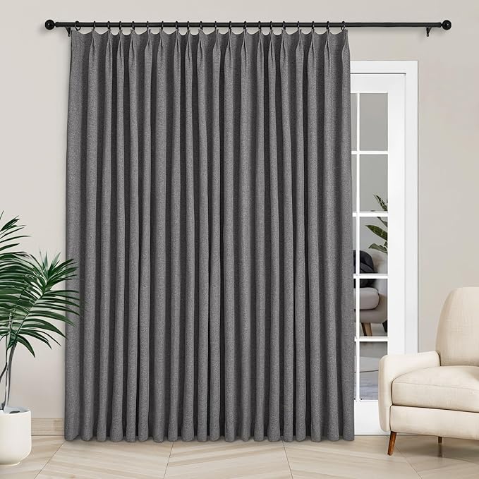 Macochico Extra Wide 100% Blackout Linen Curtains for Sliding Door Pleated Curtains with Hooks Insulated Soft Linen Drapes for Bedroom Living Room with Tieback Natural Grey 100”Wx84”L 1 Panel