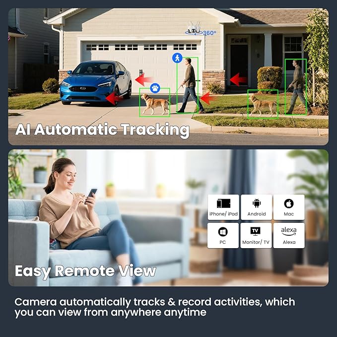 xmartO 10X Zoom Security Camera, 6MP HD Wireless PTZ Home Security System for Indoor Outdoor Surveillance, Security Camera System with Auto Tracking, 24/7 Surveillance, 2-Way Audio