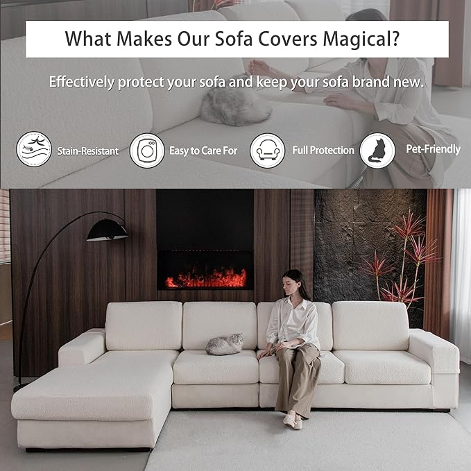 Couch Cushion Covers for Sectional Sofa, Stretch Soft Sofa Slipcovers Washable Wear-Resistant Universal Furniture Protector for Living Room(3 Seaters Covers, Ivory)